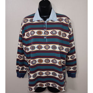 Vintage Copper Key Women’s Large Polo Shirt L/S Aztec Western Geometric